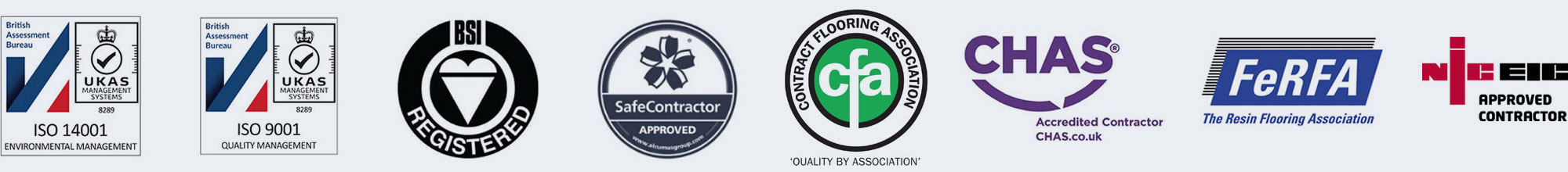 ISO 14001, ISO 9001, BSI Registered, SafeContractor Approved, CFA, CHAS Accredited Contractor, FeRFA, NICEIC Approved Contractor