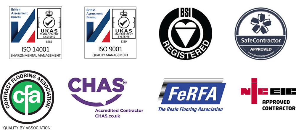 ISO 14001, ISO 9001, BSI Registered, SafeContractor Approved, CFA, CHAS Accredited Contractor, FeRFA, NICEIC Approved Contractor